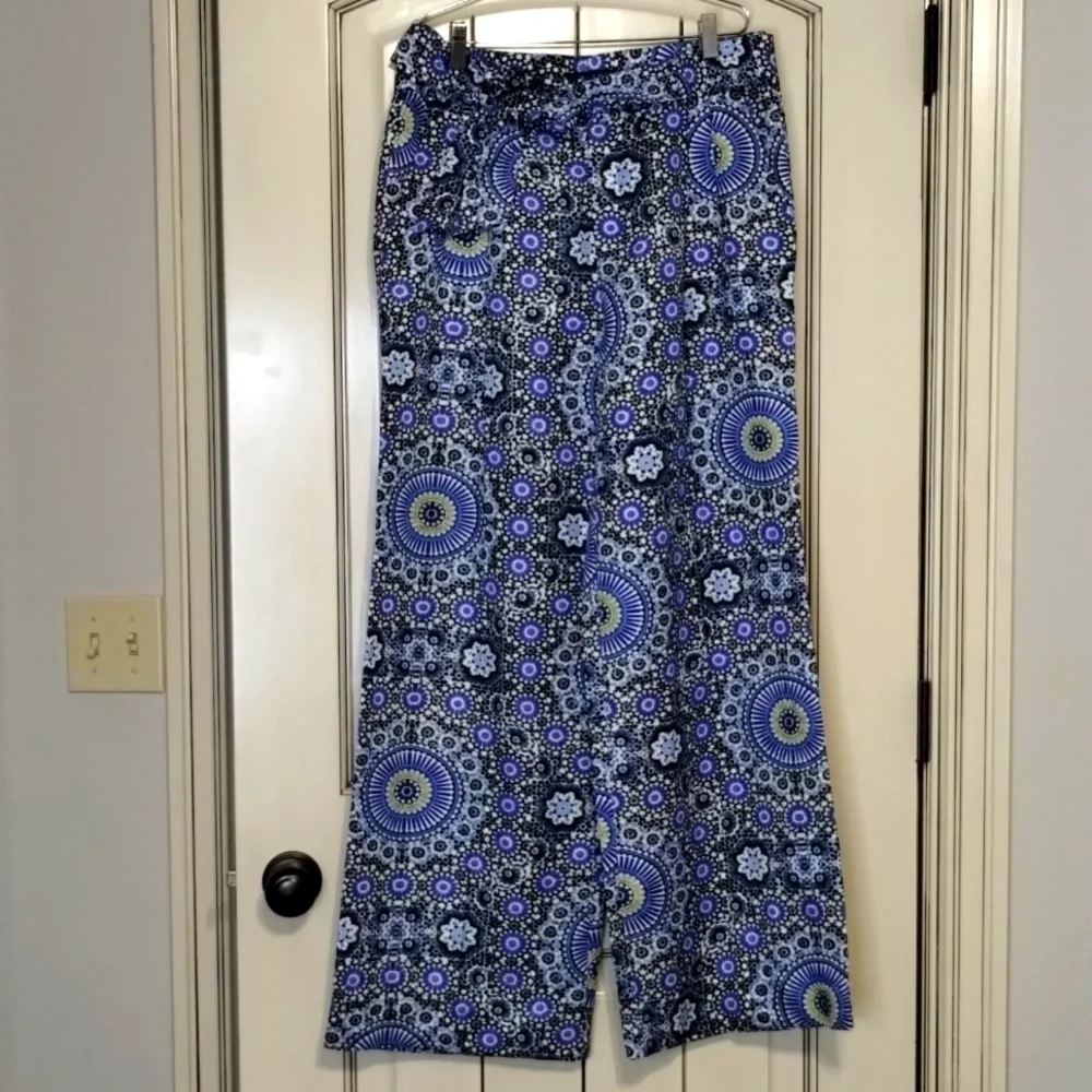 Banana Republic Blue Green Wide Leg Pant Size 8 Tie Waist Funky Print